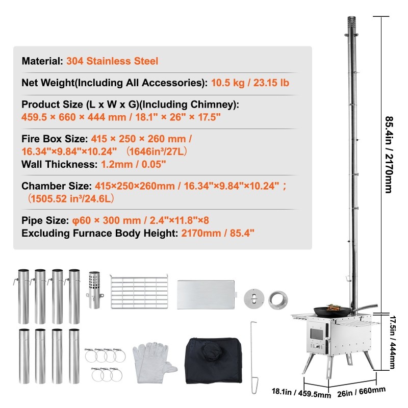 Puukamiina seosterästä 49,2 l palotilalla kannettava telttoihin ja ulkokäyttöön 8 savupiippuosiolla