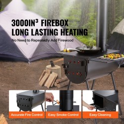 Kannettava seosteräksinen puukiuas telttakäyttöön 49 l tulipesä 8 savupiippuosaa