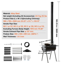 Kannettava seosteräksinen puukiuas telttakäyttöön 49 l tulipesä 8 savupiippuosaa