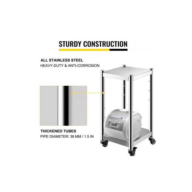 Riisinlämmittimen jalusta ruostumatonta terästä 35,6 x 35,6 cm pyörillä ja kahdella hyllyllä