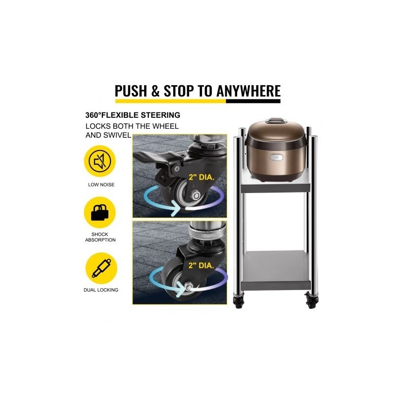 Riisinlämmittimen jalusta ruostumatonta terästä 35,6 x 35,6 cm pyörillä ja kahdella hyllyllä