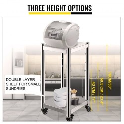 Riisinlämmittimen jalusta ruostumatonta terästä 35,6 x 35,6 cm pyörillä ja kahdella hyllyllä