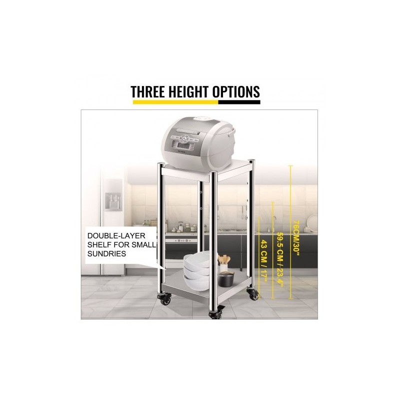 Riisinlämmittimen jalusta ruostumatonta terästä 35,6 x 35,6 cm pyörillä ja kahdella hyllyllä