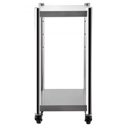 Riisinlämmittimen jalusta ruostumatonta terästä 35,6 x 35,6 cm pyörillä ja kahdella hyllyllä