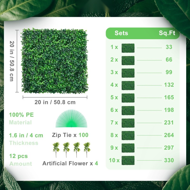 Keinotekoiset puksipensaspaneelit 100 % polyeteeni 50,8x50,8 cm 12 kpl