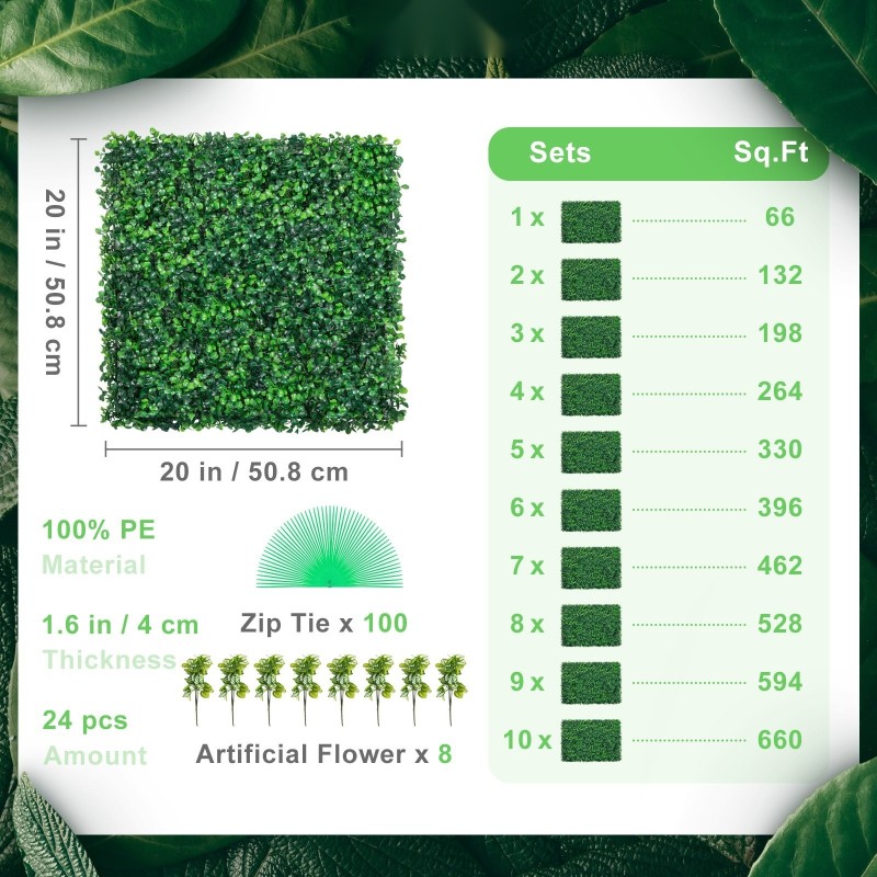 Keinotekoinen puksipuupaneelisetti 24 kpl 50x50 cm polyeteeni vihreä sisä ja ulkokäyttö