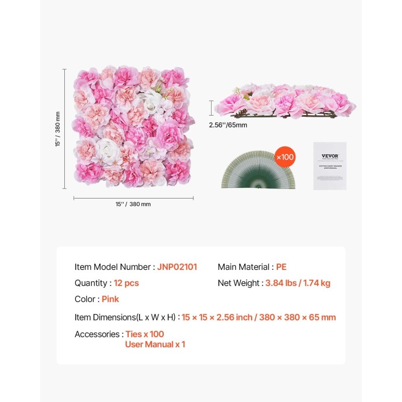 3D-kukkaseinäpaneelit PE-muovi 12 kpl 38 x 38 cm vaaleanpunainen juhliin