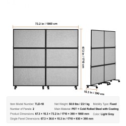 Akustinen 2-paneelinen tilanjakaja PET-äänieristeellä vaaleanharmaa korkeus 1860 mm