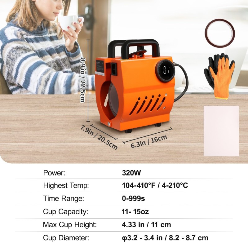 Pieni mukilämpöpuristin keraamisille ja teräsmukeille digitaalinen ajastin sopii 8,2–8,7 cm halkaisijalle