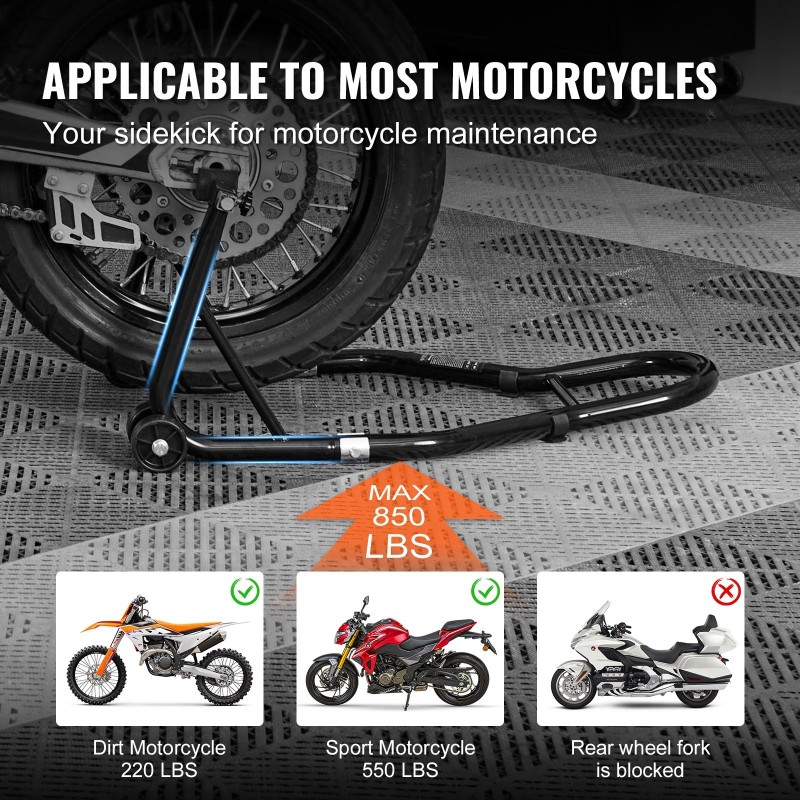 Moottoripyörän takatukijalka teräksinen 390 kg säädettävä leveys U- ja L-tyyppiset haarukat