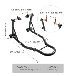 Moottoripyörän takatukijalka teräksinen 390 kg säädettävä leveys U- ja L-tyyppiset haarukat
