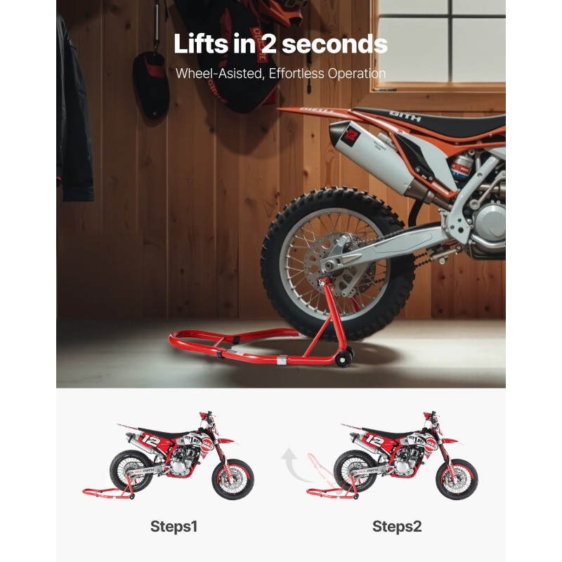 Moottoripyörän takapyöräteline teräs 850 paunan kantavuus kompaktit mitat punainen