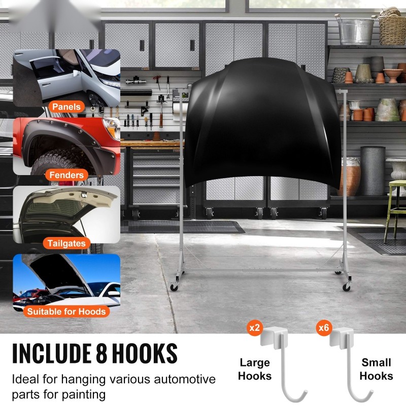 Ajoneuvo-osien maalausteline teräs säädettävä 152–213 cm 30 kg 8 koukkua 4 pyörää