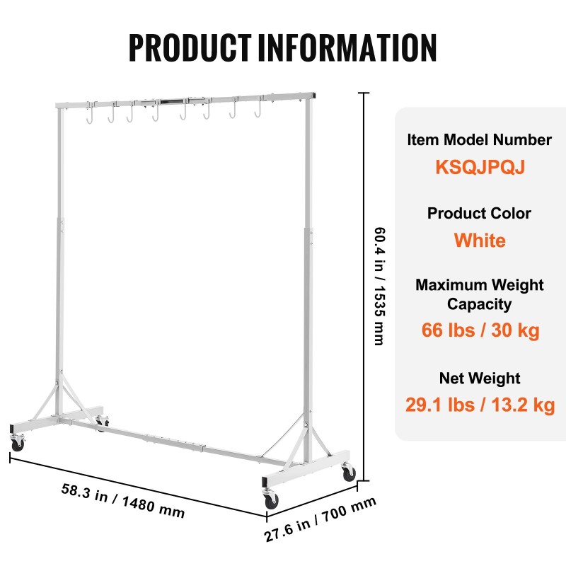 Ajoneuvo-osien maalausteline teräs säädettävä 152–213 cm 30 kg 8 koukkua 4 pyörää