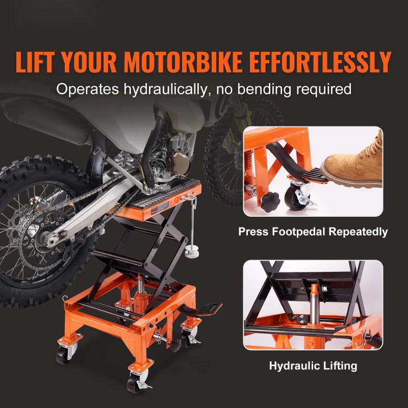 Hydraulinen moottoripyöränostin 158 kg nostokapasiteetti 350–905 mm alustan koko 415×350 mm