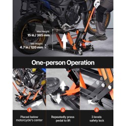 Hydraulinen moottoripyöränostin 0,7 tonnia 120–385 millimetriä nostokorkeus 360 asteen pyörillä