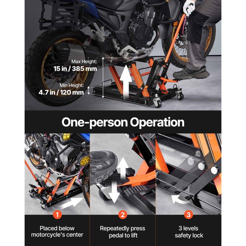 Hydraulinen moottoripyöränostin 0,7 tonnia 120–385 millimetriä nostokorkeus 360 asteen pyörillä