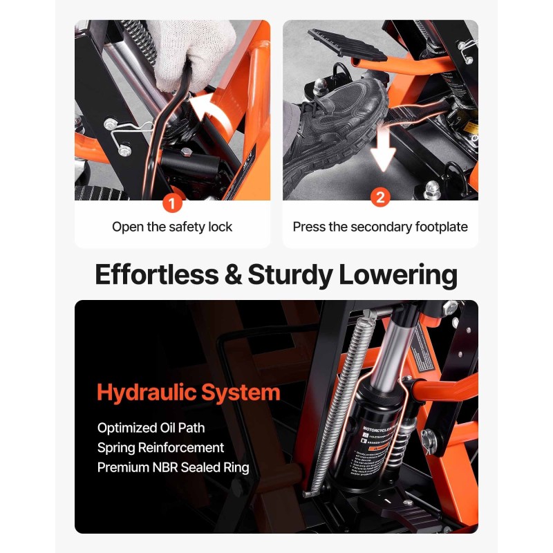 Hydraulinen moottoripyöränostin 0,7 tonnia 120–385 millimetriä nostokorkeus 360 asteen pyörillä