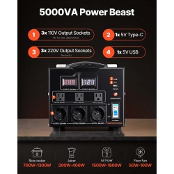 Jännitemuunnin 5000VA kaksisuuntainen 110V 220V metallikotelo 3 amerikkalaista 3 Schuko USB Type-C
