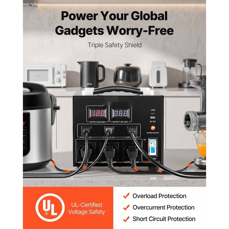 Jännitemuunnin 5000VA kaksisuuntainen 110V 220V metallikotelo 3 amerikkalaista 3 Schuko USB Type-C