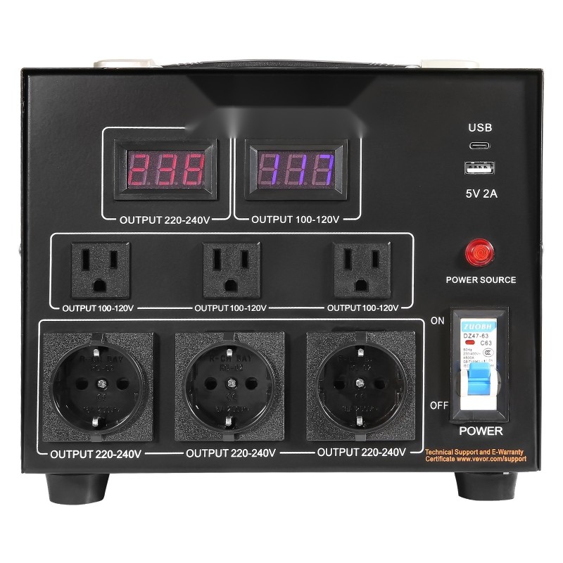 Jännitemuunnin 5000VA kaksisuuntainen 110V 220V metallikotelo 3 amerikkalaista 3 Schuko USB Type-C