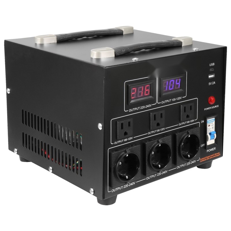 Jännitemuunnin 5000VA kaksisuuntainen 110V 220V metallikotelo 3 amerikkalaista 3 Schuko USB Type-C