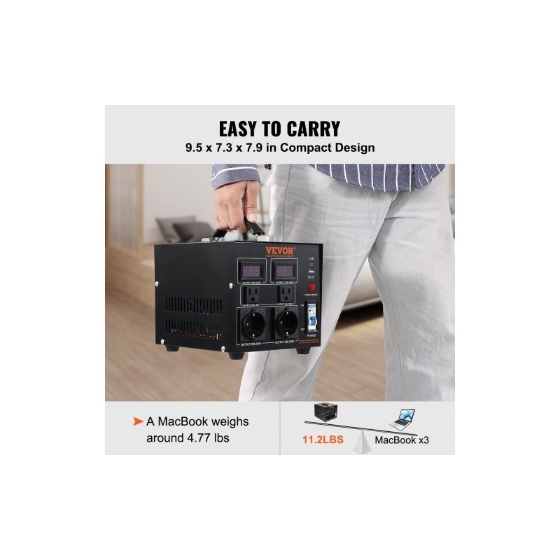 Jännitemuuntaja 500VA kaksisuuntainen 110V 220V 2 amerikkalaista ja 2 eurooppalaista pistorasiaa