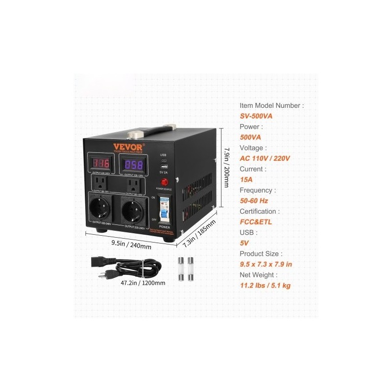 Jännitemuuntaja 500VA kaksisuuntainen 110V 220V 2 amerikkalaista ja 2 eurooppalaista pistorasiaa