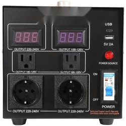 Jännitemuuntaja 500VA kaksisuuntainen 110V 220V 2 amerikkalaista ja 2 eurooppalaista pistorasiaa