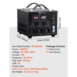 Jännitemuunnin 3000W kaksisuuntainen 110V ja 220V metallikotelo 8 pistorasiaa USB- ja Type-C-liitännät