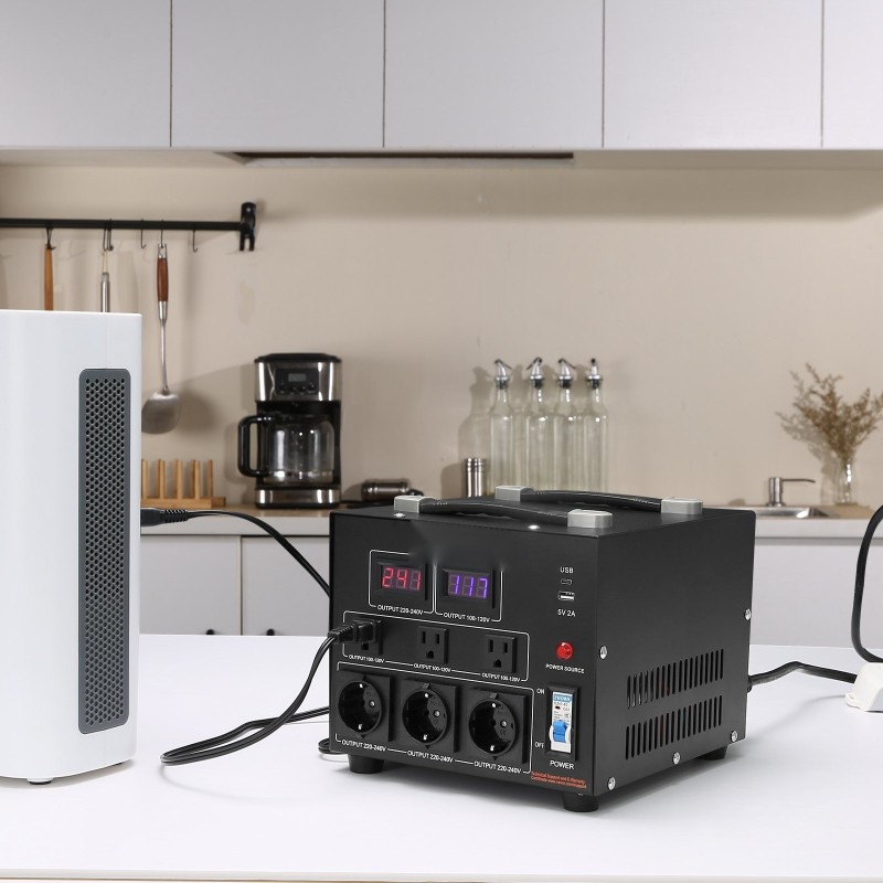 Jännitemuunnin 3000W kaksisuuntainen 110V ja 220V metallikotelo 8 pistorasiaa USB- ja Type-C-liitännät