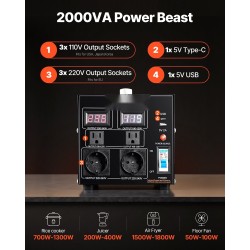 Jännitemuunnin 2000VA kaksisuuntainen 110V ja 220V 6 lähtöä metallikotelo