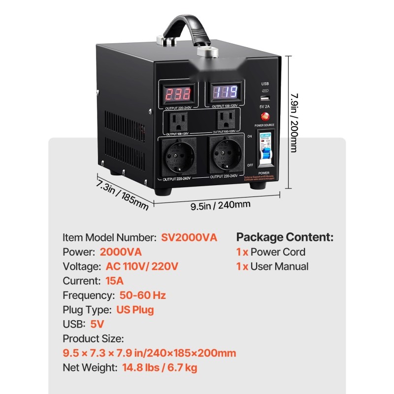 Jännitemuunnin 2000VA kaksisuuntainen 110V ja 220V 6 lähtöä metallikotelo