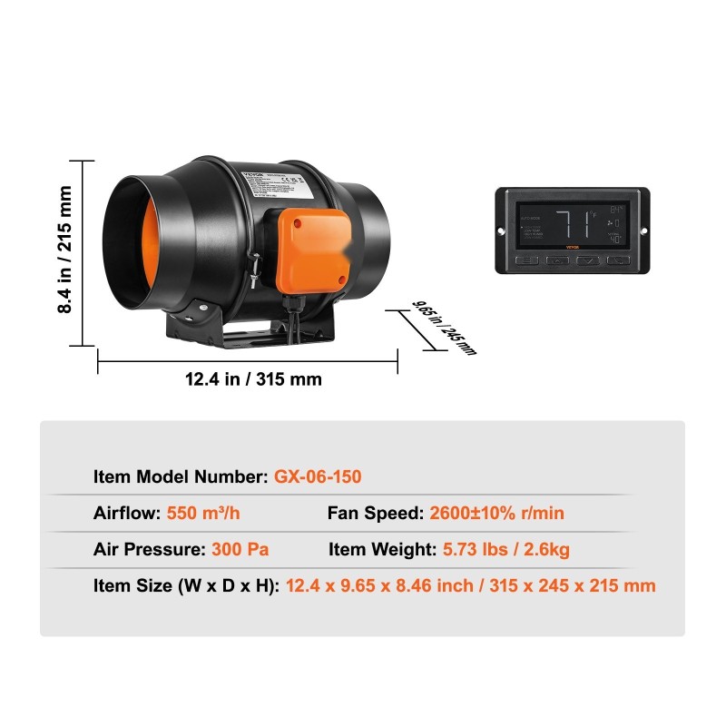 Kanavapuhallin 6-tuumainen ilmavirta 402 CFM EC-moottori lämpötila ja kosteussäädin kasviteltoille
