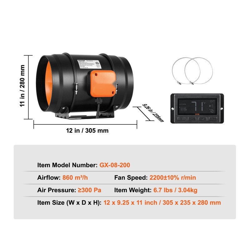 Kanavapuhallin 203 mm EC-moottorilla lämpötila- ja kosteussäätimellä hiljainen kasviteltoille