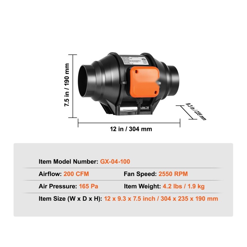 Kanavapuhallin 102 mm kuparimoottori säädettävä nopeus hiljainen