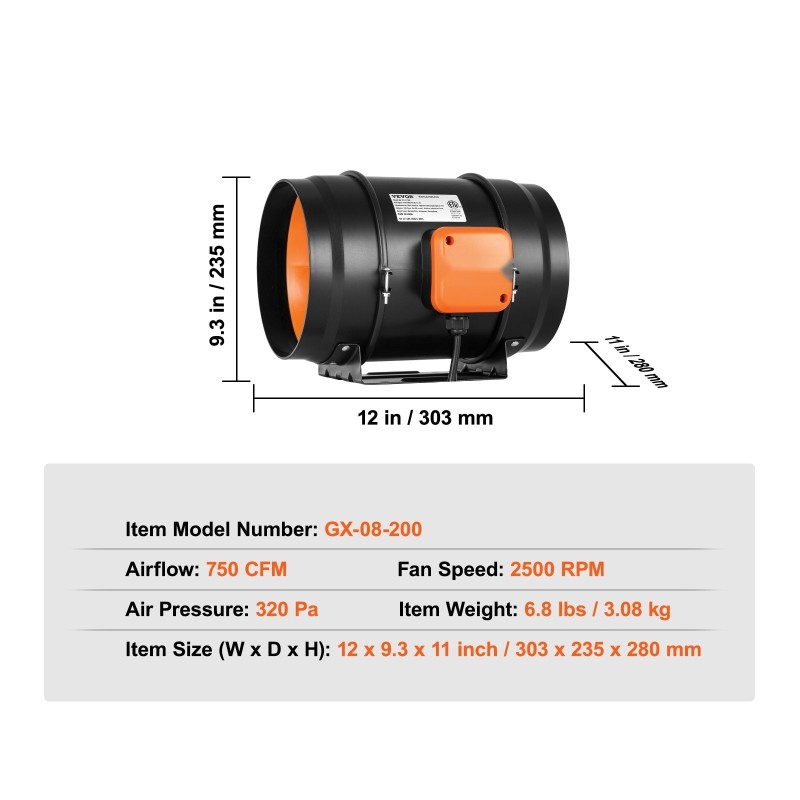 Kanavapuhallin 203 mm kuparikäämitty moottori ilmavirta 860 m³/h säädettävä nopeus kasvihuoneisiin