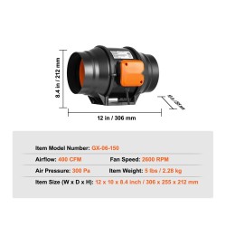 Kanavapuhallin kuparimoottori koko 306x255x212 mm säädettävä nopeus