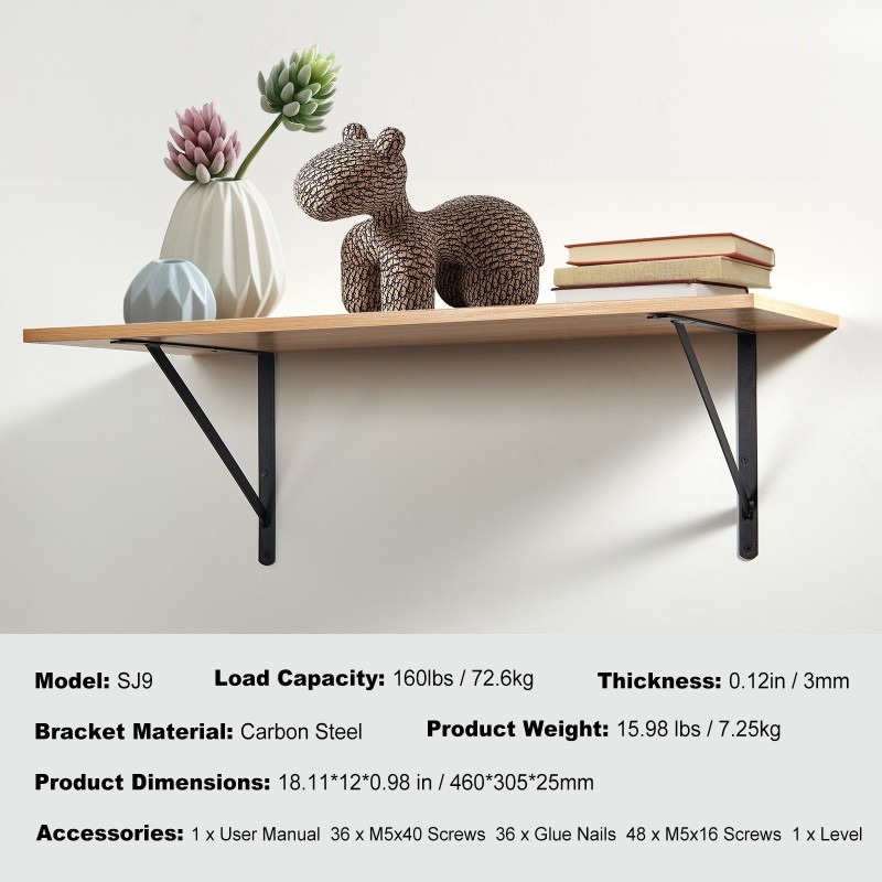 Hyllynkannattimet hiiliterästä 460 x 305 mm 12 kpl mattamusta