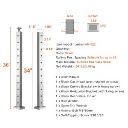 Kaidepylväs SUS304-ruostumaton teräs 36 tuumaa 1 x 2 tuumaa 10 esiporattua reikää