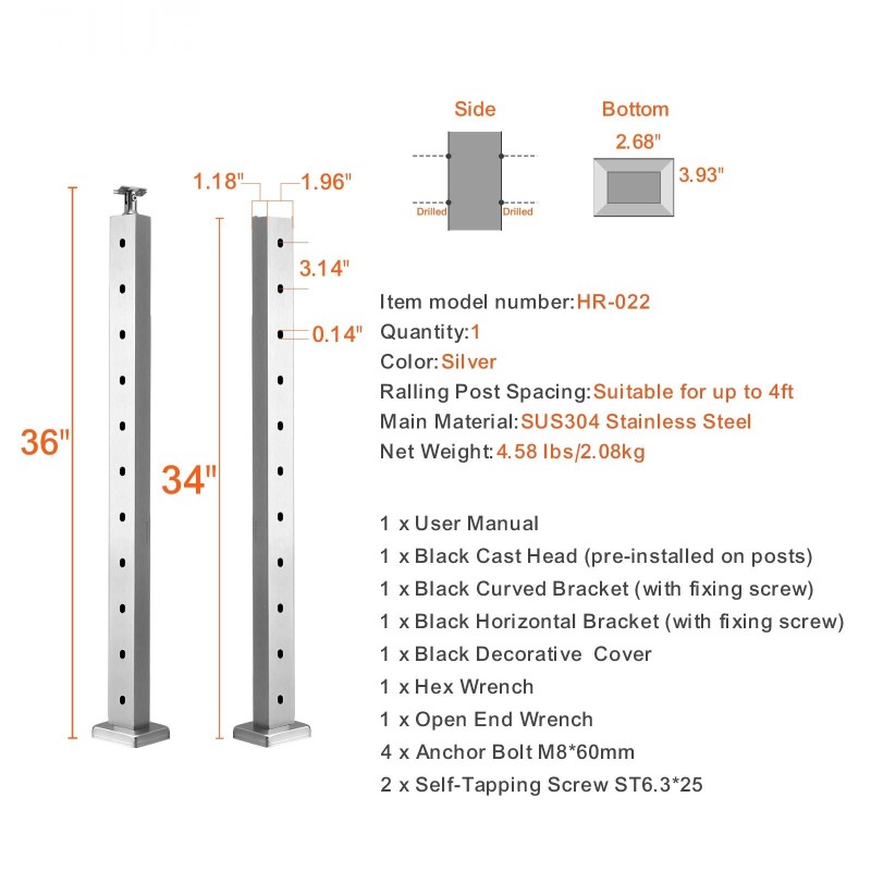 Kaidepylväs SUS304-ruostumaton teräs 36 tuumaa 1 x 2 tuumaa 10 esiporattua reikää