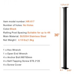 Kaapelikaidantolppa 36 tuuman 1,5×1,5 tuumaa ruostumaton teräs musta reiätön