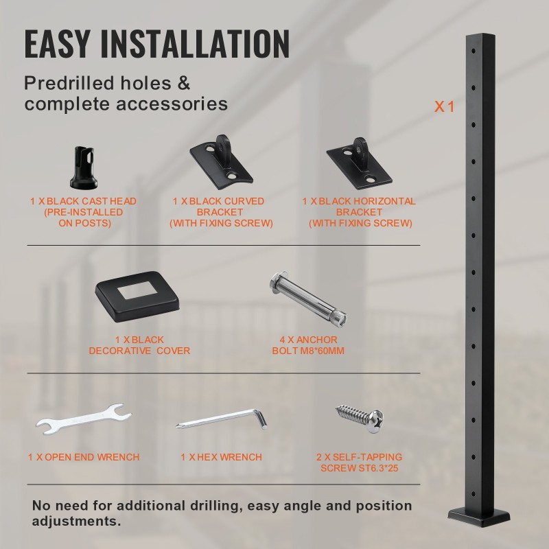 Vaijerikaidetolppa 42 tuumaa ruostumaton teräs 1x2 12 reikää musta