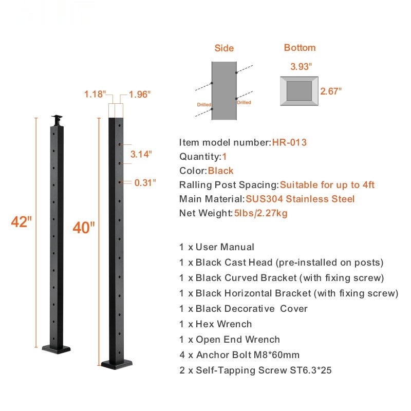 Vaijerikaidetolppa 42 tuumaa ruostumaton teräs 1x2 12 reikää musta