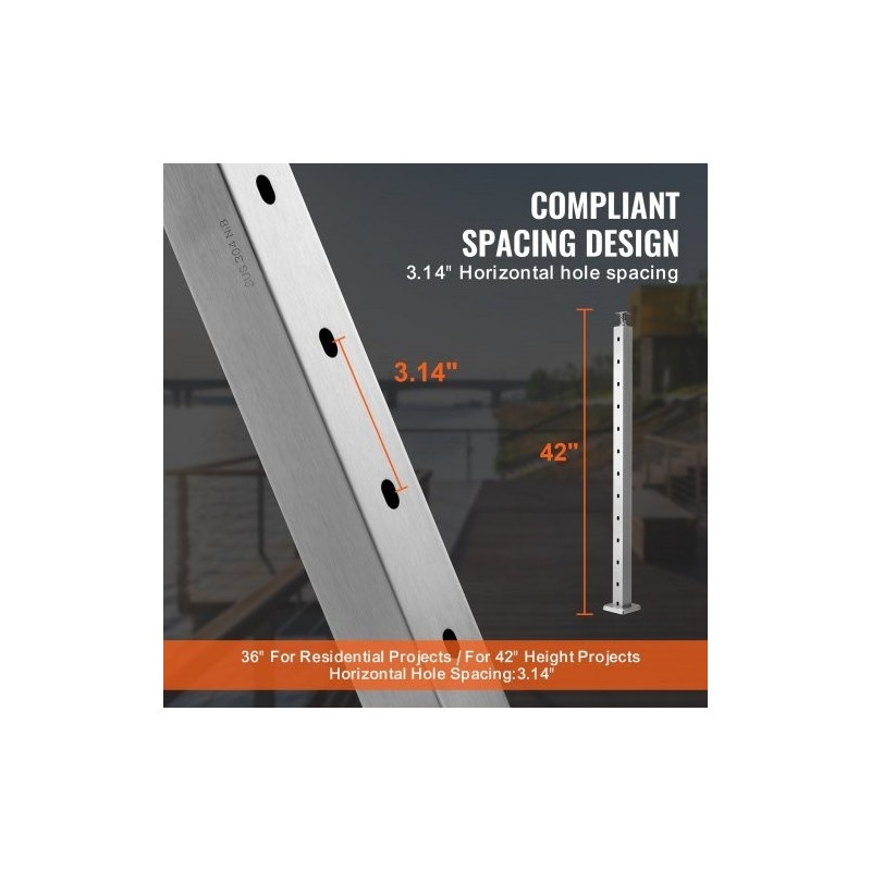 Vaakareikäinen kaapeli-kaidetolppa ruostumaton teräs 107,7 cm 5,1×5,1 cm hopea