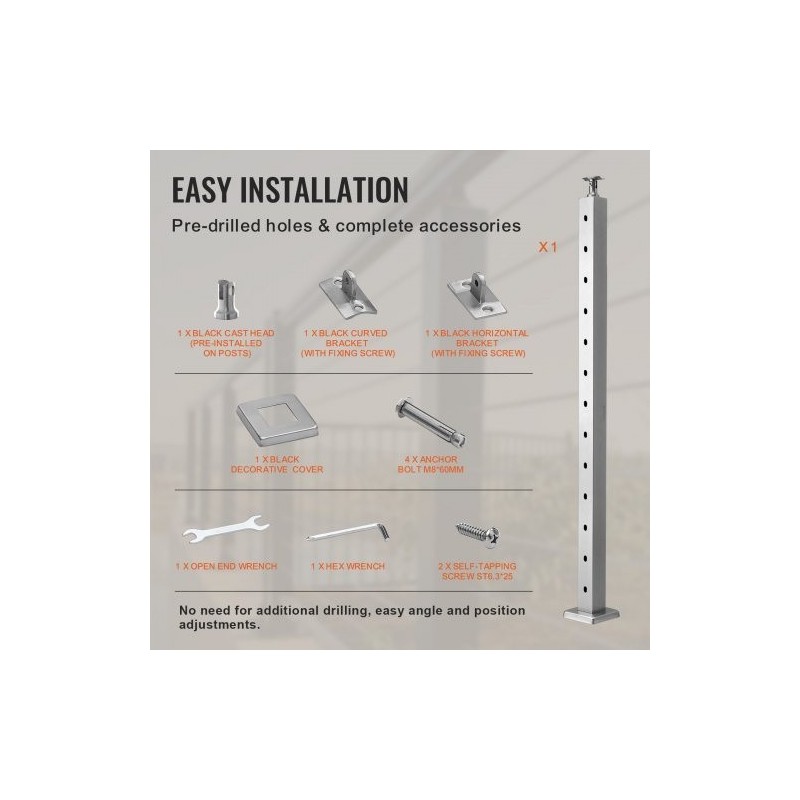 Vaakareikäinen kaapeli-kaidetolppa ruostumaton teräs 107,7 cm 5,1×5,1 cm hopea