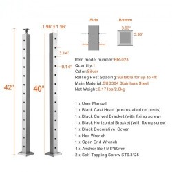 Vaakareikäinen kaapeli-kaidetolppa ruostumaton teräs 107,7 cm 5,1×5,1 cm hopea