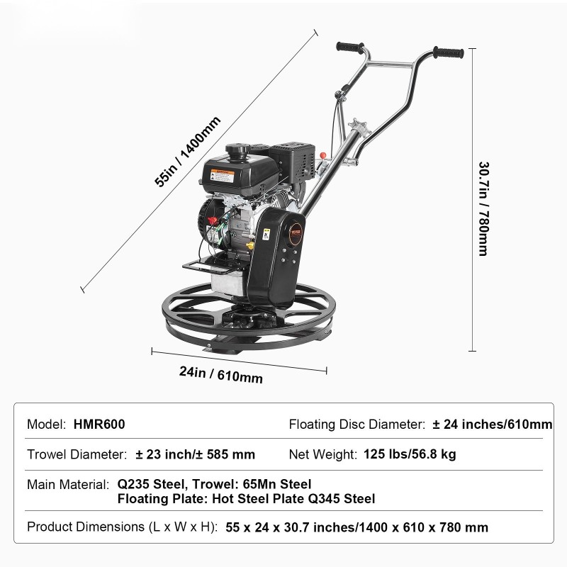 Käveltävä betoninjyrsin teräsrunkoinen 610 mm kellutuslautasella 6 hv bensiinimoottorilla