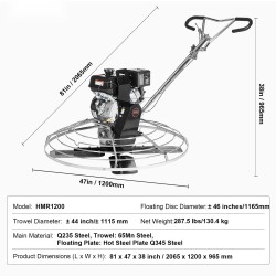 Betonin tasoituskone 46-tuumaisella kellutuslautasella 14 hv bensiinimoottorilla teräsrunkoinen