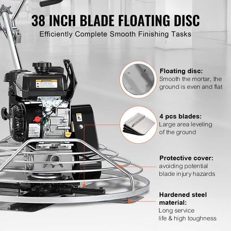 Käveltävä betonin tasoituskone 38 tuuman kelluntalevy 6 hevosvoiman bensiinimoottori teräslaikka